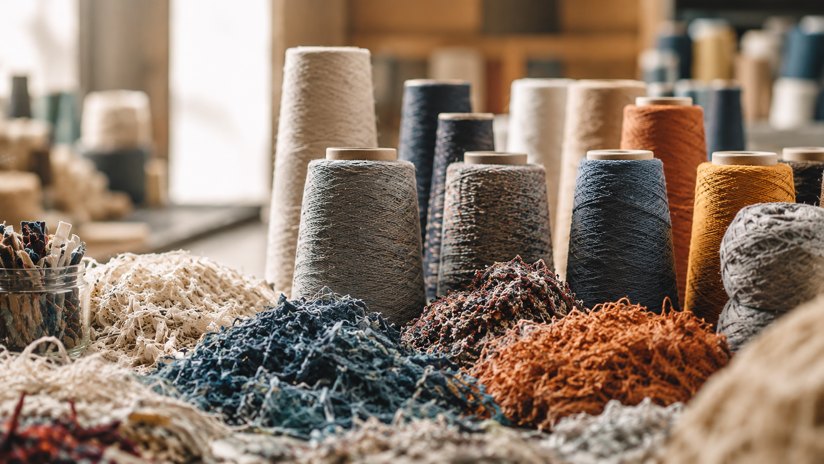 Rocche di filato riciclato e cumuli di fibre tessili sfilacciate per la moda circolare