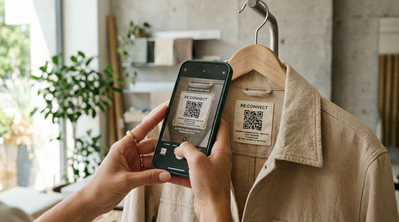 Smartphone che scansiona l'etichetta con QR Code di una giacca sostenibile