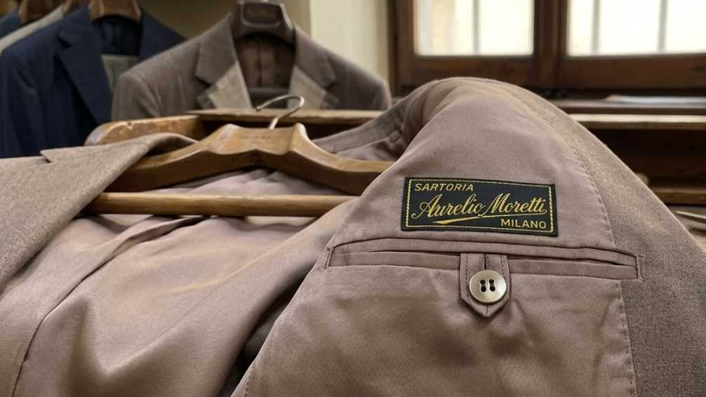 Interno di una giacca d'epoca sartoriale con etichetta in tessuto, fodera in seta e bottone cucito a mano