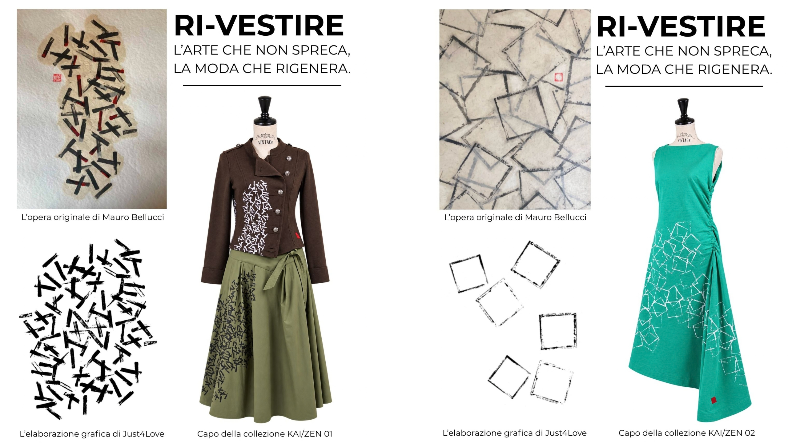 Confronto tra le opere d'arte di Mauro Bellucci, la rielaborazione grafica di Just4Love e i capi rigenerati KAI/ZEN 01 e KAI/ZEN 02 di BEBY.BEST per RI-VESTIRE.