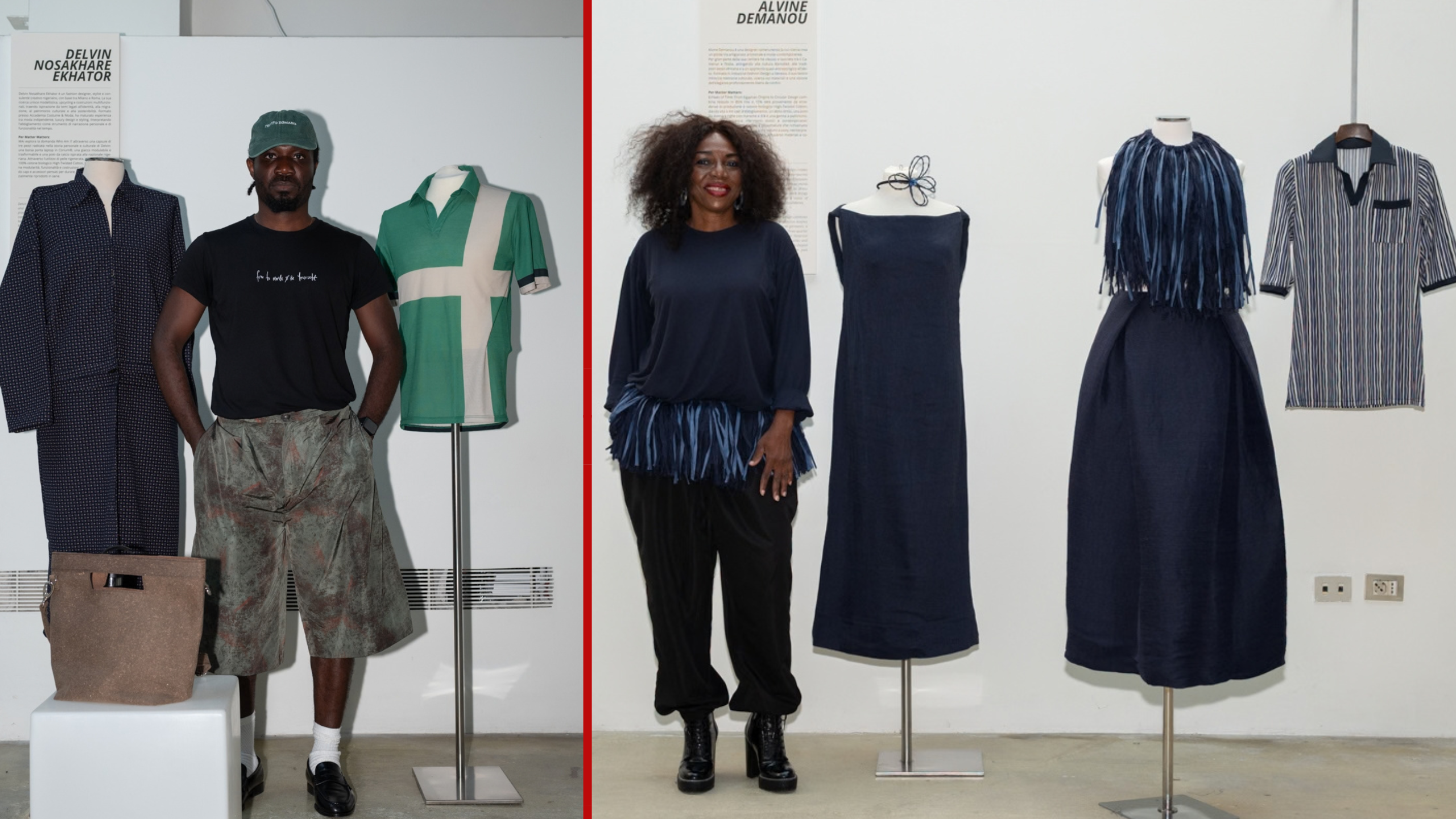 I designer Delvin Nosakhare e Alvine Demanou accanto ai propri capi per la mostra MATTER MATTERS. Foto di Luigi Colonna.