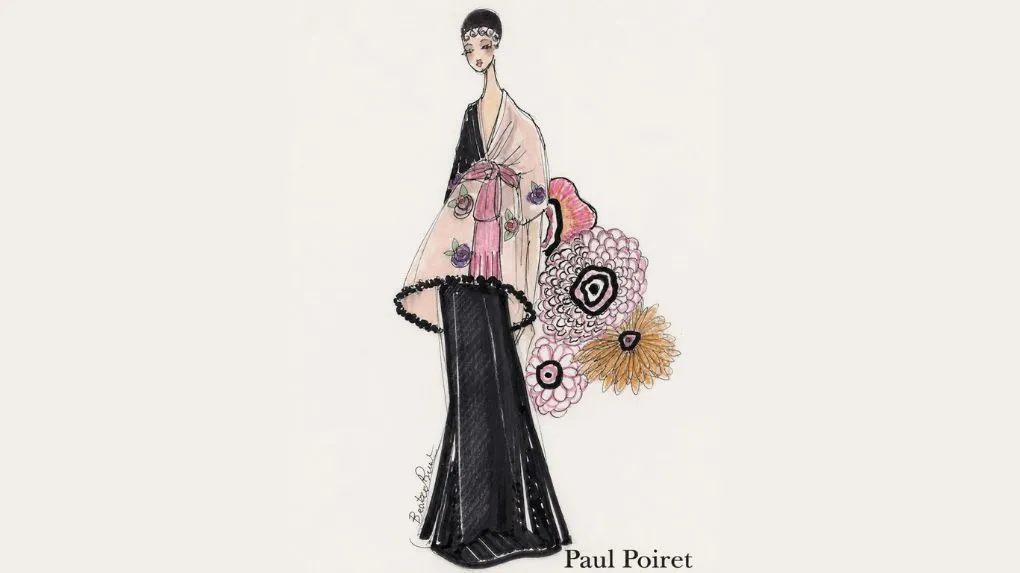 Bozzetto di moda di Beatrice Brandini raffigurante una creazione d'ispirazione orientale di Paul Poiret in viscosa artificiale: tunica rosa cipria con decori floreali, fiocco in vita, gonna lunga nera e dettagli floreali stilizzati sullo sfondo.