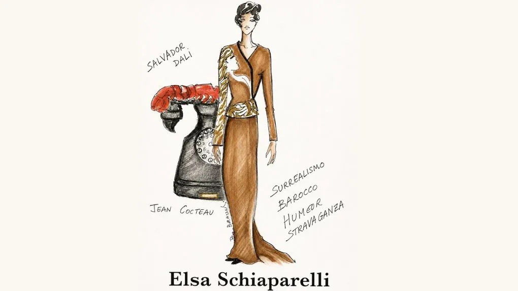 Bozzetto di moda di Beatrice Brandini per eco-à-porter raffigurante una creazione surrealista di Elsa Schiaparelli in crêpe di viscosa e acetato: abito lungo marrone con ricamo frontale firmato da Jean Cocteau, affiancato dal celebre telefono aragosta di Salvador Dalí