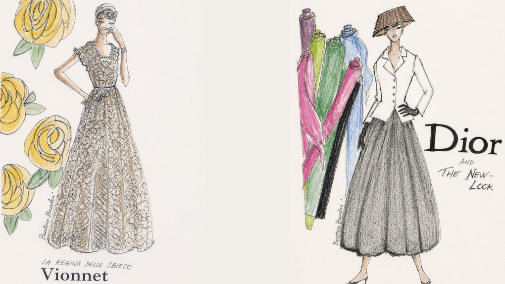 Due bozzetti di moda di Beatrice Brandini per eco-à-porter: a sinistra l'abito in sbieco di Madeleine Vionnet decorato con rose gialle, a destra la giacca bianca e la gonna a ruota grigia del New Look di Christian Dior con rotoli di tessuto colorati.