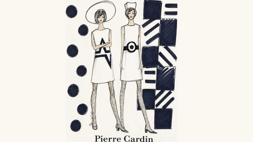 Bozzetto di moda di Beatrice Brandini per eco-à-porter raffigurante due modelli futuristi a trapezio di Pierre Cardin in triacetato e rayon: abiti tubino bianchi con motivi grafici geometrici, cappelli spaziali e sfondo decorato con pois neri e motivi Op-Art.