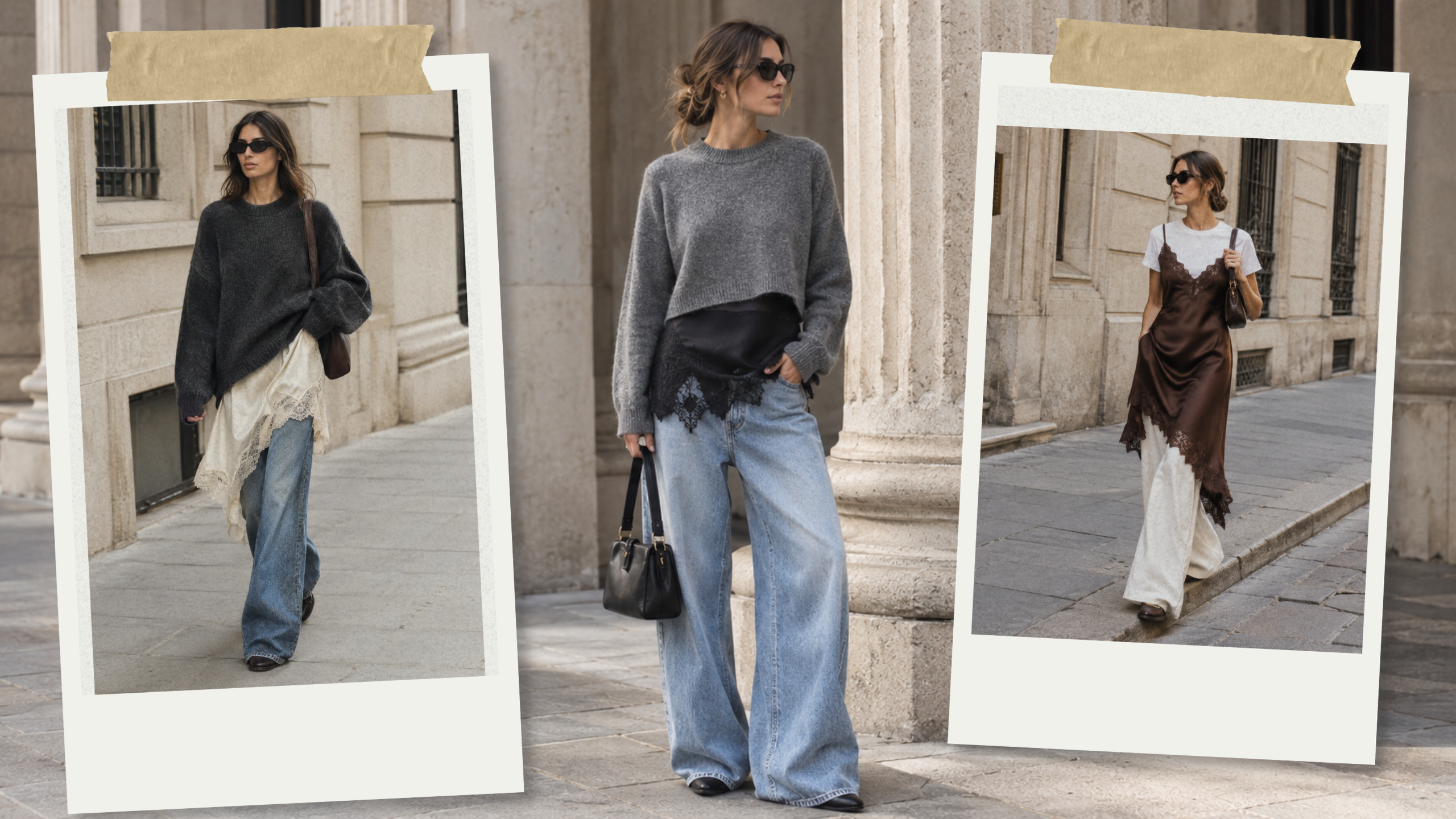 Esempi di layering contemporaneo con sottoveste di seta in pizzo vintage sovrapposta a maglione oversize e jeans