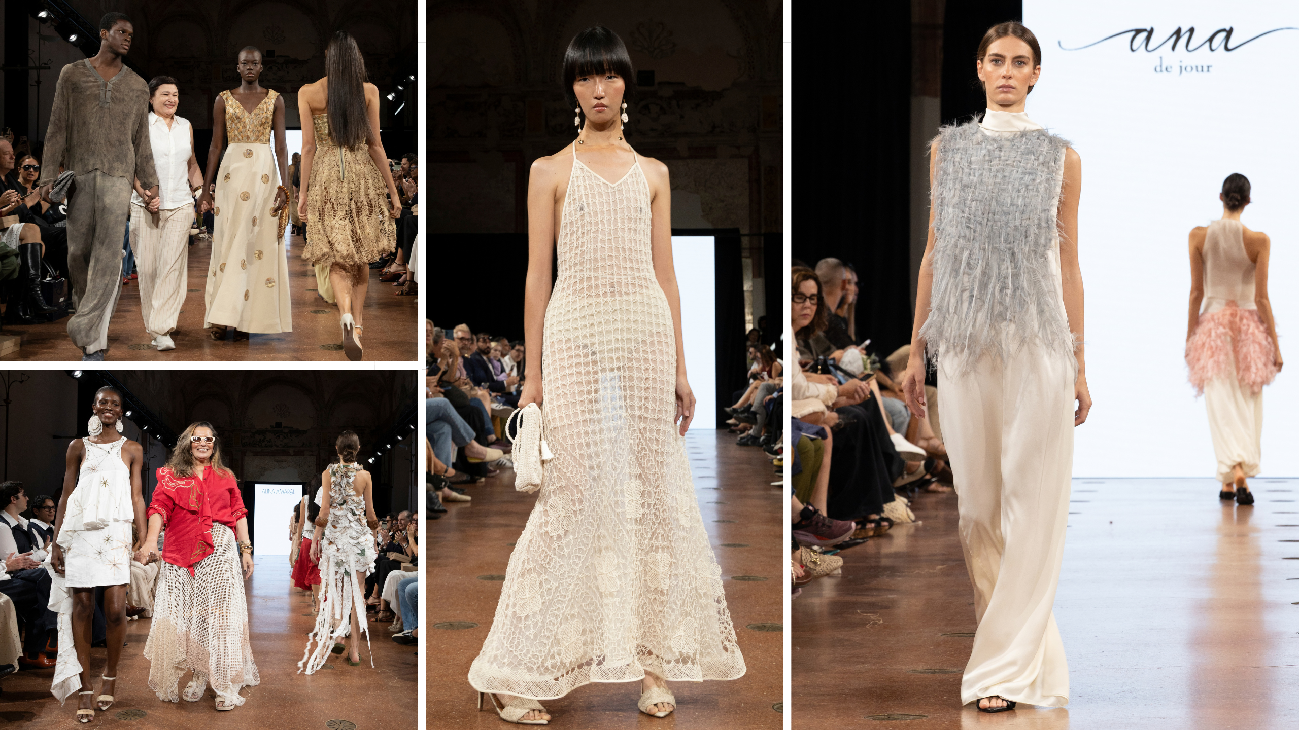 Modelle in passerella con abiti e lavorazioni artigianali dei brand brasiliani Natural Cotton Color, Alina Amaral e Ana de Jour alla Milano Fashion Week.