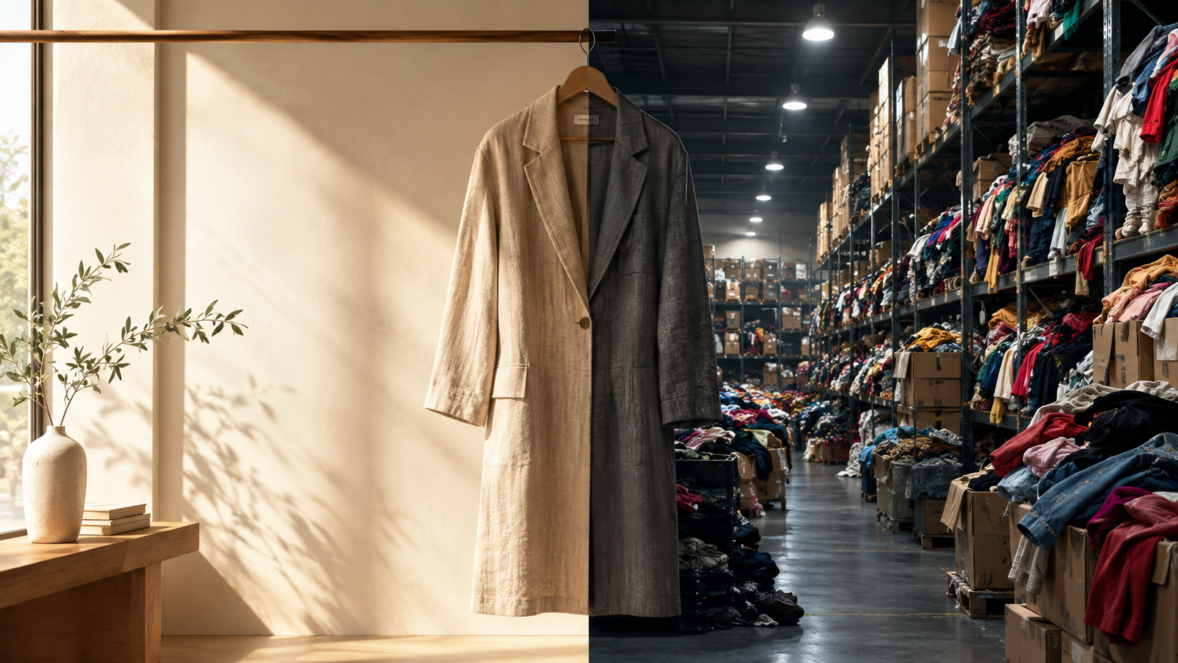 Composizione divisa che mostra a sinistra un cappotto artigianale in una boutique luminosa e a destra uno smisurato magazzino tessile pieno di abiti, simboleggiando la sovraproduzione e il say-do gap nella moda.