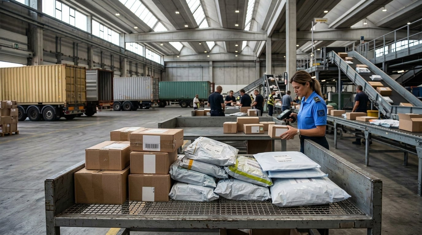 Ispettrice doganale analizza pacchi di e-commerce e scatoloni in un centro logistico merci per controlli su dazi e sicurezza chimica REACH