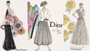 Tre bozzetti di moda creati da Beatrice Brandini per eco-à-porter dedicati alla storia delle fibre cellulosiche artificiali (MMCF): da sinistra, la tunica kimono di Paul Poiret, la giacca e gonna a ruota New Look di Christian Dior con rotoli di tessuto e l'abito in sbieco di Madeleine Vionnet decorato con rose gialle