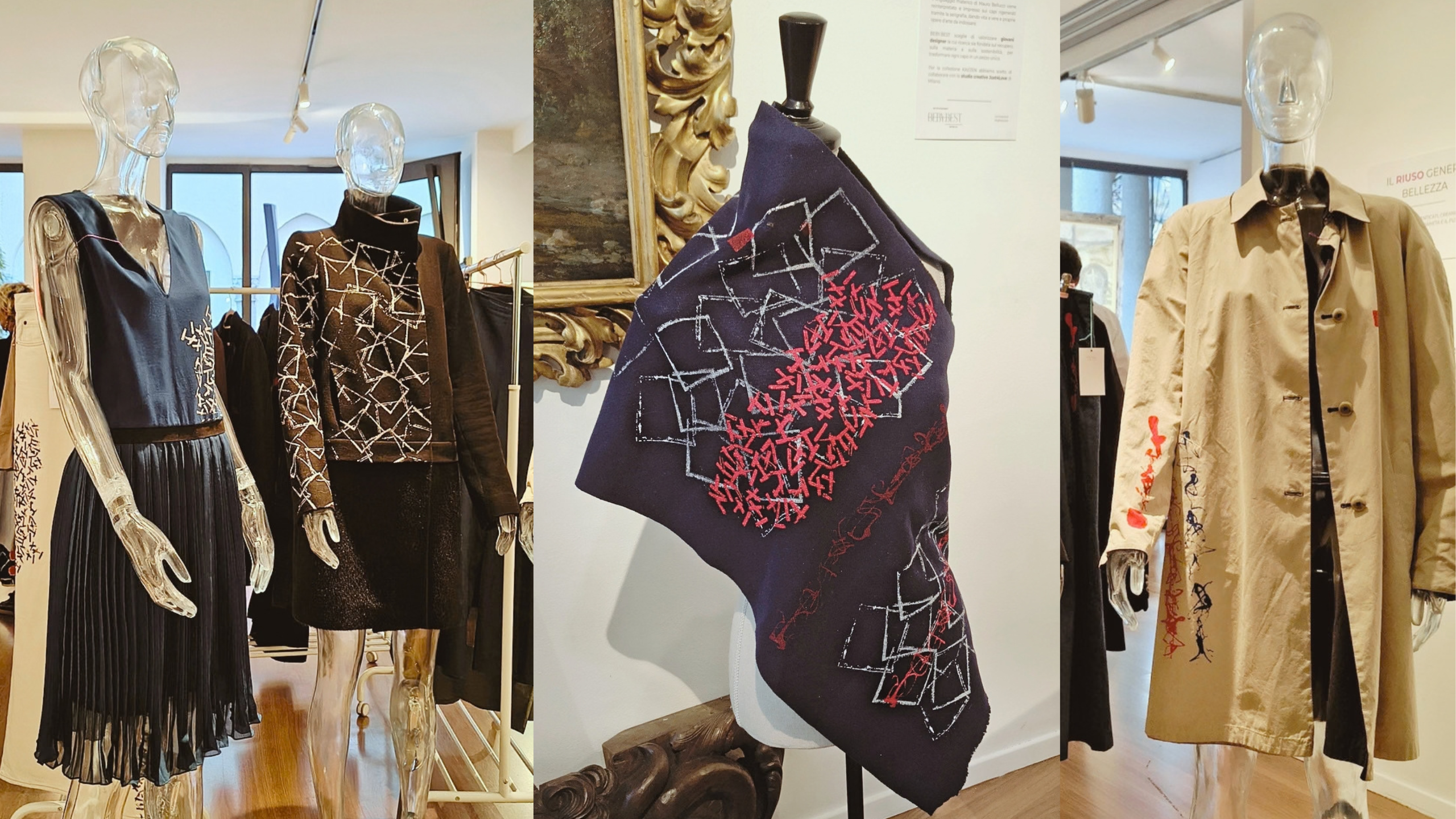 Capi upcycling e mantella della capsule collection KAI/ZEN di BEBY.BEST in mostra alla ESH Gallery di Milano per l'evento RI-VESTIRE.