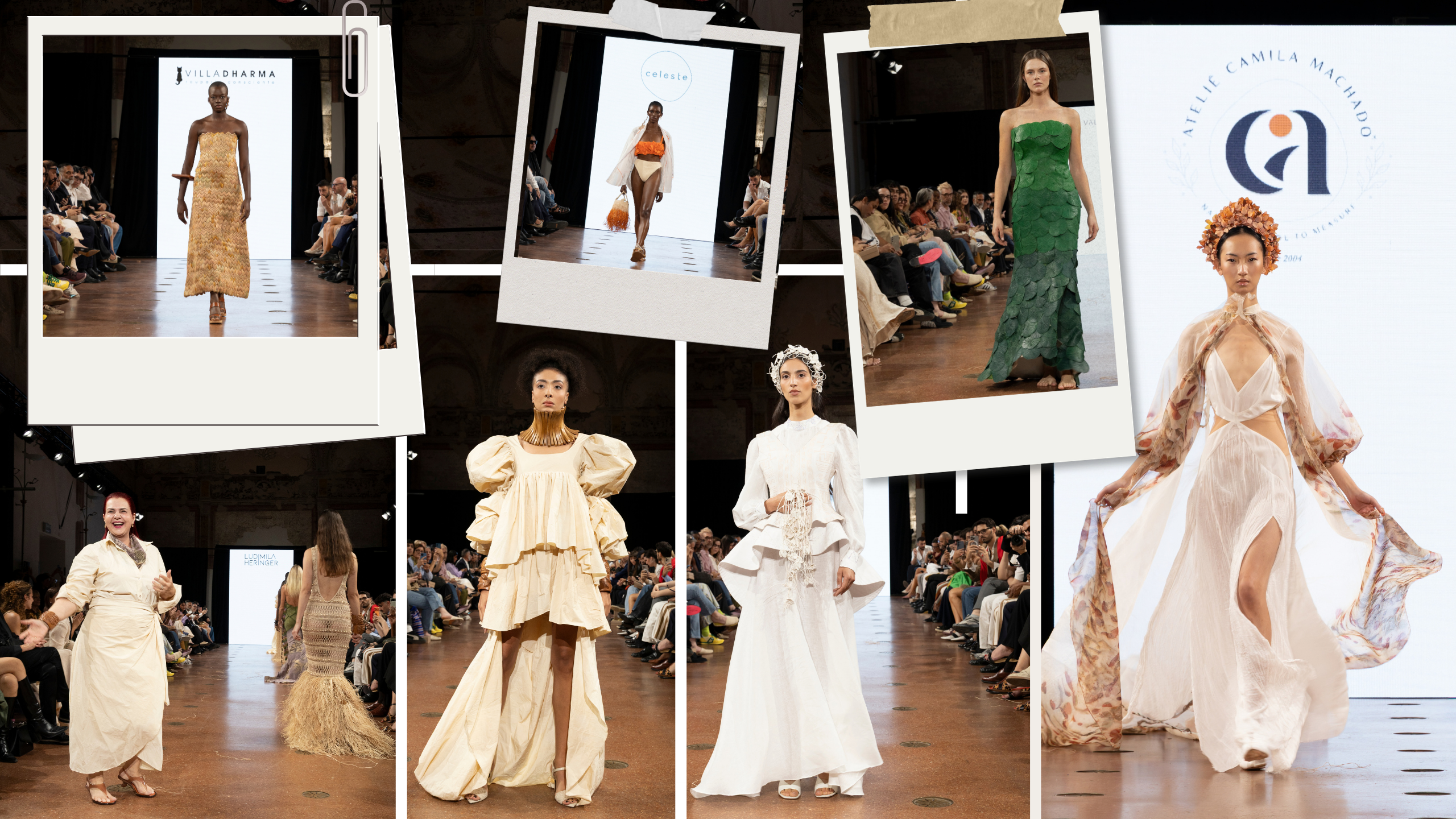 Collage di foto della sfilata con abiti ispirati ai biomi brasiliani, tinte botaniche e lavorazioni in fibre naturali di Ateliê Camila Machado, Villa Dharma e Celeste alla Milano Fashion Week.
