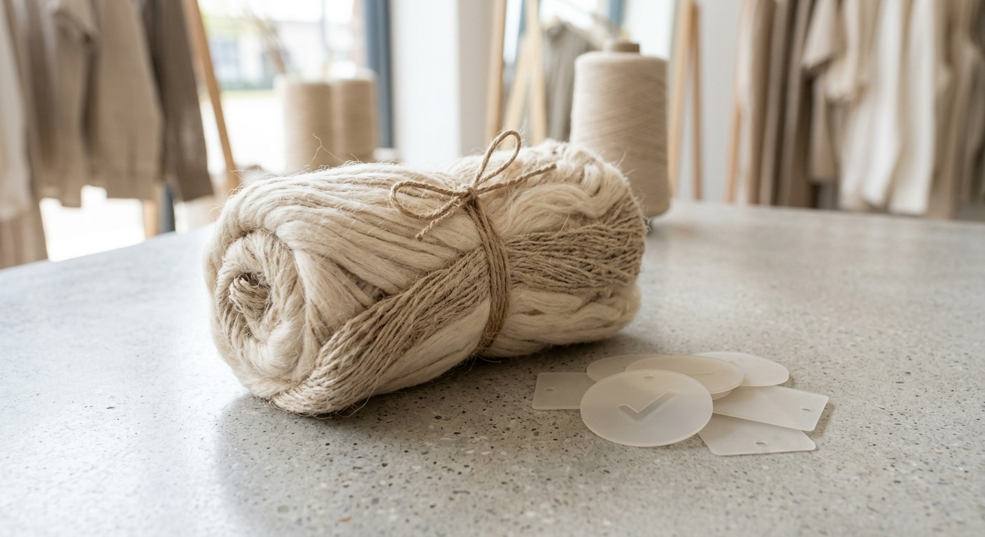 Rotolo di filati in fibra naturale di canapa e cotone grezzo legato con spago, affiancato da cartellini semitrasparenti con icona di spunta su un piano di lavoro.
