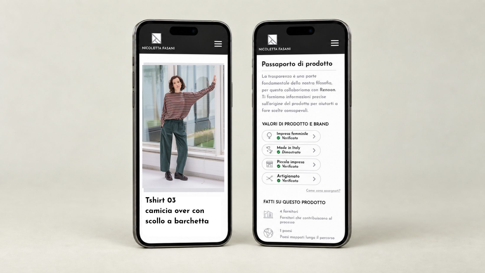 Interfaccia mobile del Passaporto Digitale di Prodotto di Nicoletta Fasani alimentato da Renoon.
