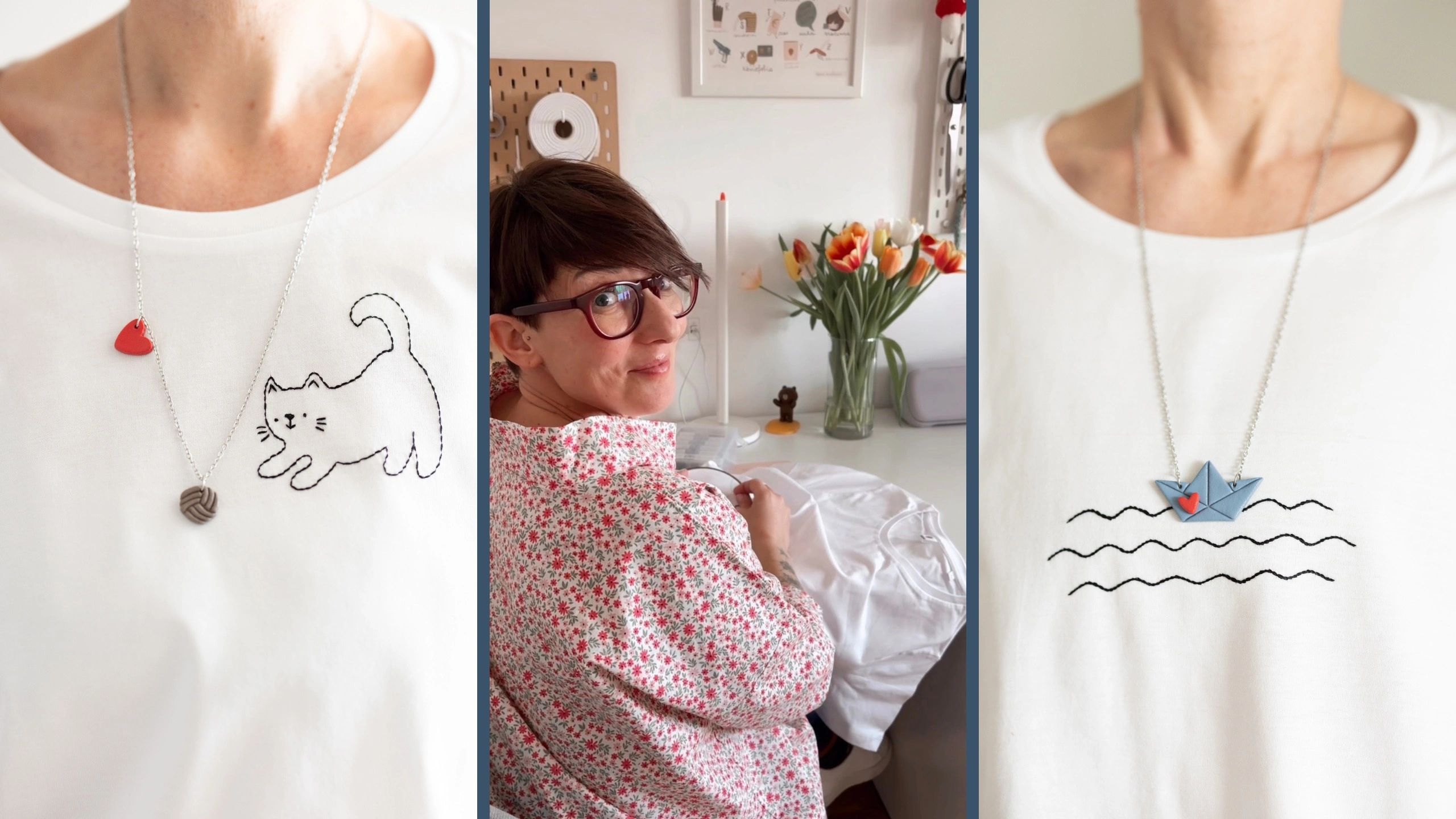 T-shirt artigianali in cotone biologico con ricami manuali e bijoux coordinati di PikiChiara